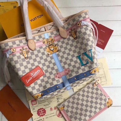 LV路易威登 NEVERFULL 白格中號手袋 掛鎖絲印圖案...