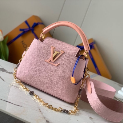 LV路易威登 Capucines mini 粉色原廠粒面皮斜...