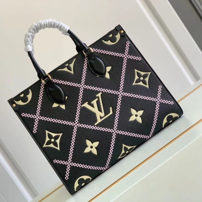 LV路易威登 ONTHEGO 刺繡壓花中號黑色手袋 M460...