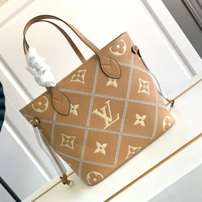 LV路易威登 Neverfull 全皮壓花菱格刺繡購物袋 M...