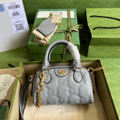 GUCCI古馳 GG matelassé 灰色壓花皮革迷你鏈...