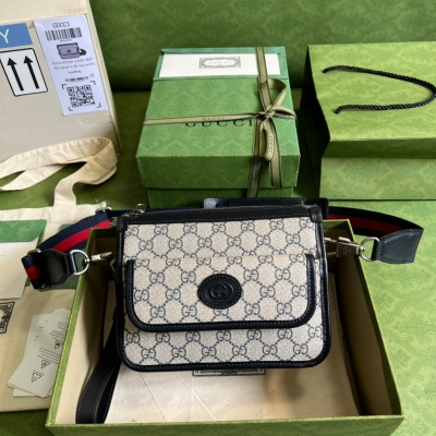 GUCCI古馳 GG Retro系列 藍色帆布男士斜挎包 6...