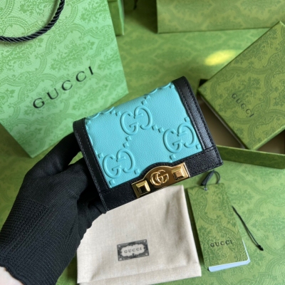 GUCCI古馳 藍黑全皮GG女士卡包 676150