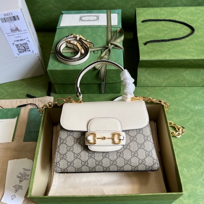 GUCCI古馳 Horsebit 1955 帆布白皮迷你女挎...