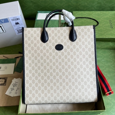 GUCCI古馳 互扣式雙G米布藍皮男士購物袋 703264