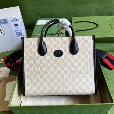 GUCCI古馳 米布藍皮互扣式雙G小號托特包 703256