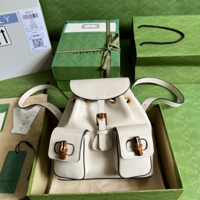 GUCCI古馳 白色原廠皮竹節迷你背包 702101