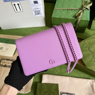 GUCCI古馳 GG Marmont系列 淡紫色雙色全皮鏈帶...