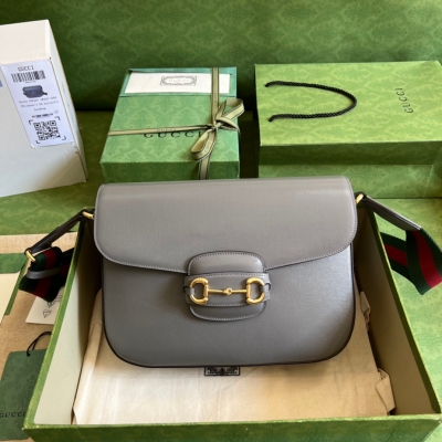 GUCCI古馳 Horsebit 1955 灰色原廠皮女士單...