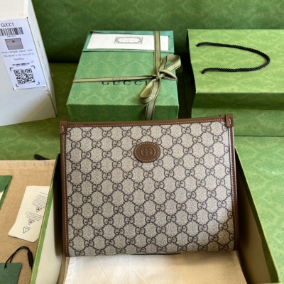 GUCCI古馳 GG Supreme 棕色皮革滾邊新款手拿包...