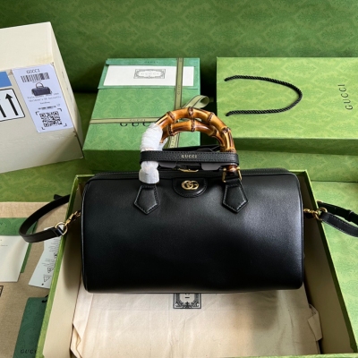 GUCCI古馳 黑色原廠牛皮竹節枕頭包 655663