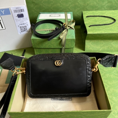 GUCCI古馳 Ophidia系列 黑色鱷魚紋GG相機包 7...