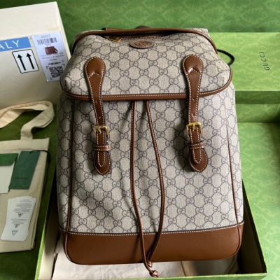 GUCCI古馳 棕色皮革飾互扣式雙G中號背包 696013
