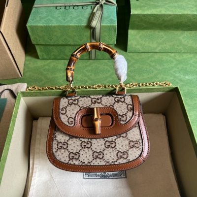 Gucci古馳 Bamboo 1947系列 棕皮竹節迷你手提...