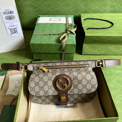 GUCCI古馳 Blondie系列 棕色帆布互扣式腰包 71...
