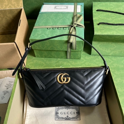 GUCCI古馳 GG Marmont系列 黑色原廠皮絎縫腋下...