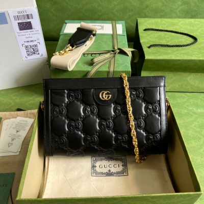 GUCCI古馳 GG matelassé 原廠皮黑色G壓花小...