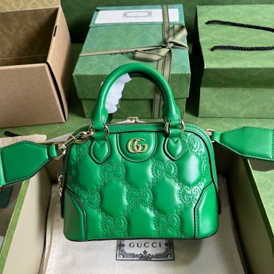 GUCCI古馳 GG Matelassé 綠色壓花原廠皮斜挎...