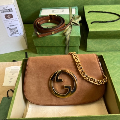 GUCCI古馳 Blondie 互扣棕色磨砂全五金鏈條腋下包...