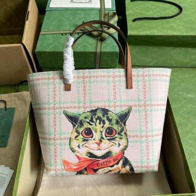GUCCI古馳 格紋帆布帥氣猫印花兒童包 410812