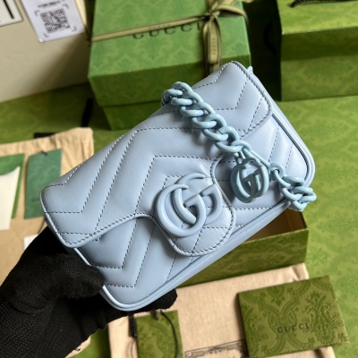 GUCCI古馳 GG Marmont 馬卡龍系列藍色迷你肩背...