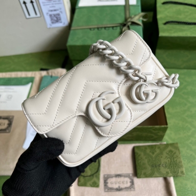 GUCCI古馳 GG Marmont 馬卡龍系列白色迷你鏈條...