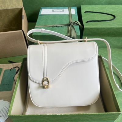 GUCCI古馳 白色原廠皮馬術風格肩背包 740988