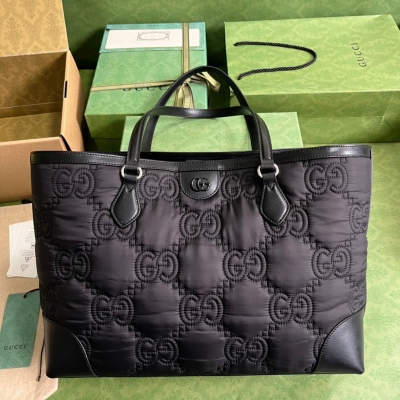 GUCCI古馳 GG Matlasse 繡G尼龍布黑色中號手...
