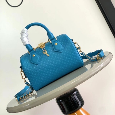 LV路易威登 Speedy 20 迷你花紋藍色真皮枕頭包 M...