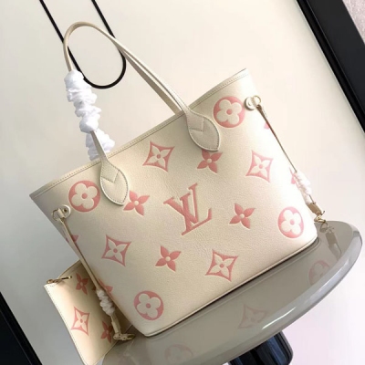 LOUIS VUITTON Neverfull 奶白色全皮壓...