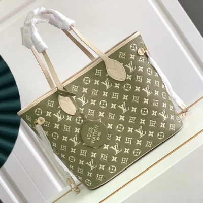 LV路易威登 Neverfull 綠色壓花小牛皮中號手袋 M...