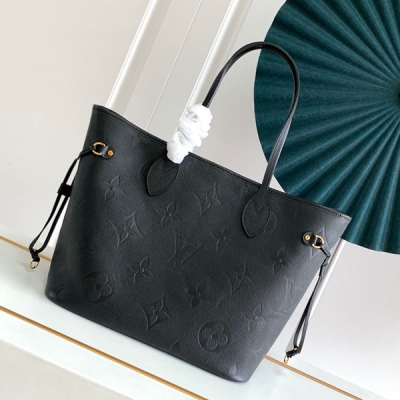 LV路易威登 Neverfull 全皮壓花黑色中號購物袋 M...