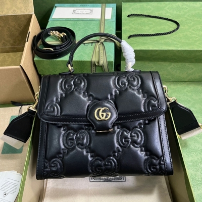 GUCCI古馳 黑色繡花原廠皮GG Matelassé皮革手...