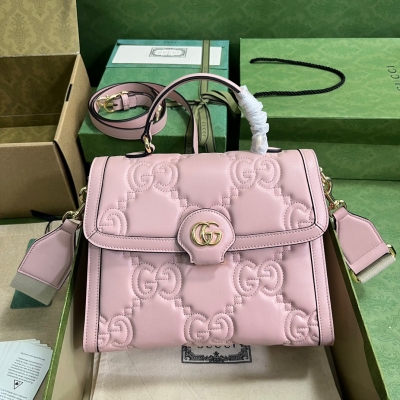 GUCCI古馳 粉色繡花牛皮GG Matelassé皮革手袋...