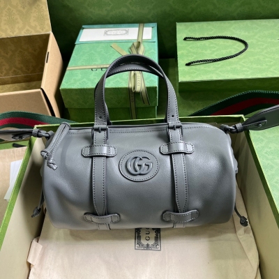 GUCCI古馳 灰色正品皮飾同色調雙G小號行李袋 72570...