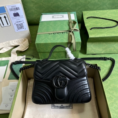 GUCCI古馳 GG Marmont全黑系列原廠皮迷你手提包...