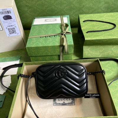 GUCCI古馳 GG Marmont系列黑色皮革迷你相機包 ...