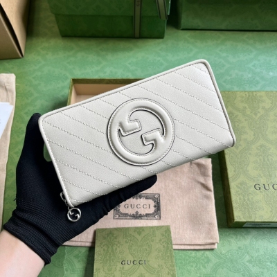 GUCCI古馳 Blondie系列白色原廠皮全拉鍊錢包 76...