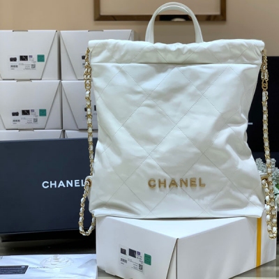 CHANEL香奈兒 爆款22系列 原廠小牛皮白色金扣雙背包 ...