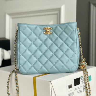 CHANEL香奈兒 晶片版 核桃金球hobo藍色羊皮腋下包 ...