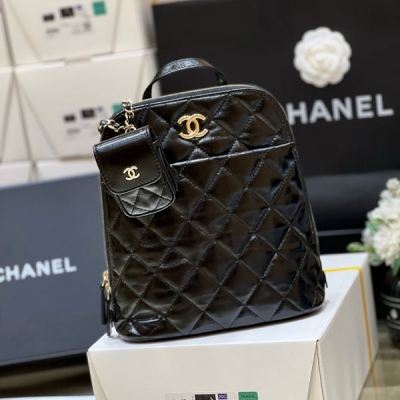 CHANEL香奈兒 2022A 黑色油蠟牛皮亮面雙背包 AS...