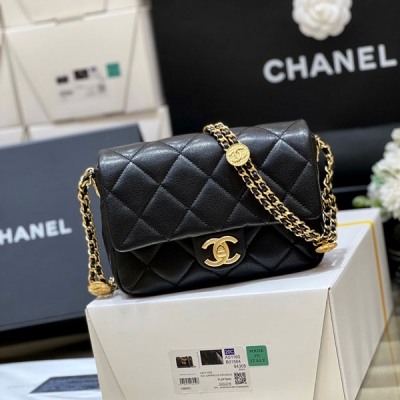 CHANEL香奈兒 2022A 黑色小號方胖子金幣鏈條包 A...