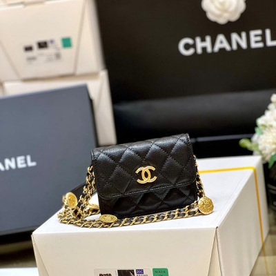 CHANEL香奈兒 黑色原廠牛皮金幣小廢包 AP2857
