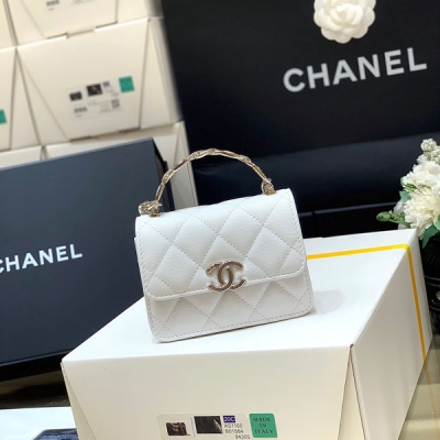 CHANEL香奈兒 2022cc 白色荔枝牛皮琺瑯手柄小廢包...