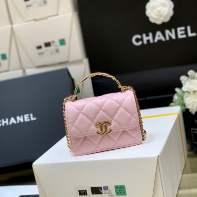 CHANEL香奈兒 2022cc 粉色羊皮琺瑯手柄小挎包 A...