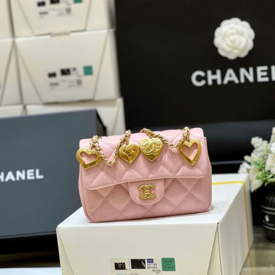CHANEL香奈兒 2022b 原廠五金粉色小號愛心吊墜鏈條...