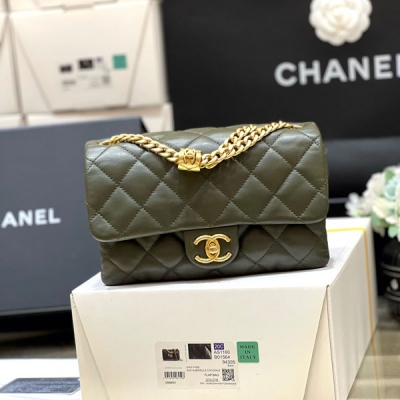 CHANEL香奈兒 綠色小羊皮小金柱調節包 小號cf經典版型...