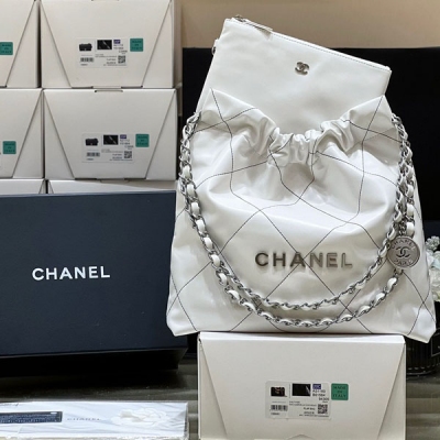 CHANEL香奈兒 22 bag原廠牛皮小號垃圾袋 白色配黑...