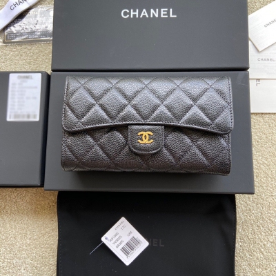 CHANEL香奈兒 原廠球紋黑色金扣三折長夾 AP31506