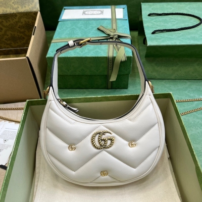 GUCCI古馳 GG Marmont 經典半月造型白色迷你手...